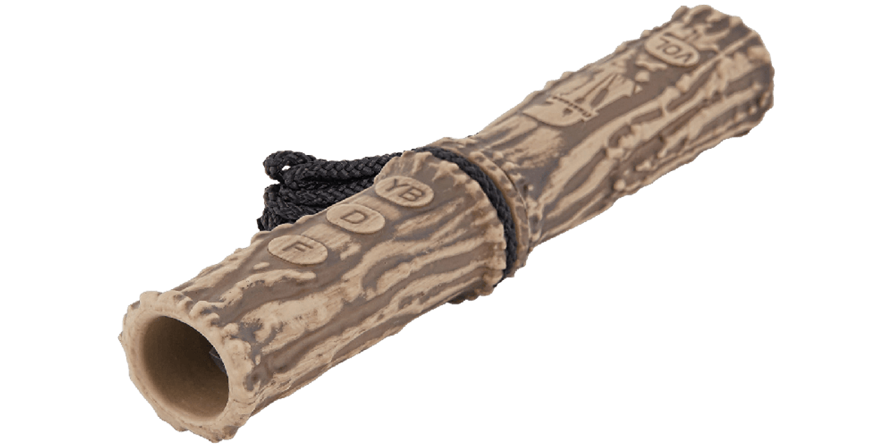 FLEXTONE ALL N ONE BONED UP DEER CALL - Tan and brown antler-shaped hunting call with a black rope lanyard, and engraved with the letters "F", "D", "YB", and "VOL" on the surface.