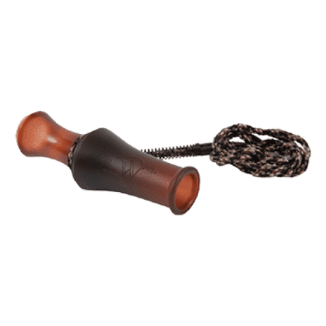 FLEXTONE DYING RABBIT CALL - A brown and black dying rabbit call with a patterned rope lanyard, shown against a white background. The call is made of translucent plastic with a dark brown midsection. The lanyard is brown, black, and white.
