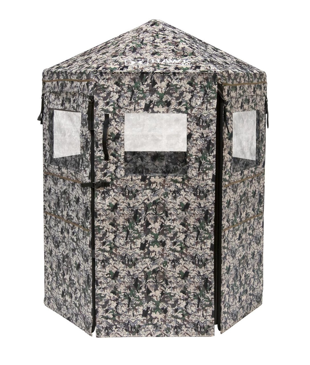 A camouflaged, hexagonal hunting blind with three screened windows and a zippered door.