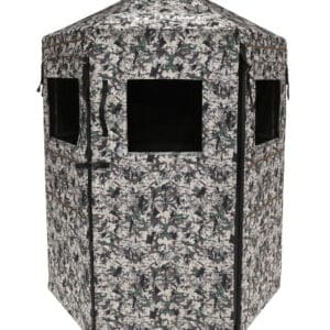 HAWK DOWN & OUT SCOUT BLIND - CHAOS - Hexagonal camouflage hunting blind with three rectangular windows, a peaked roof, and a zippered door.