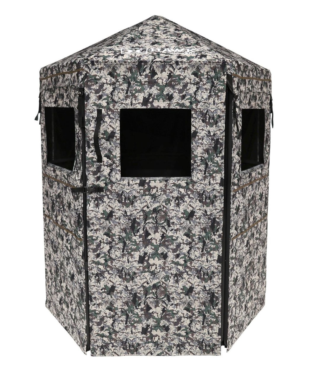HAWK DOWN & OUT SCOUT BLIND - CHAOS - Hexagonal camouflage hunting blind with three rectangular windows, a peaked roof, and a zippered door.