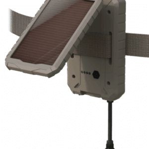 HME 5000MAH SOLAR POWER PANEL - A tan, ruggedized solar charger attached to a fabric strap. The charger has a hinged solar panel and a power cable with a connector.