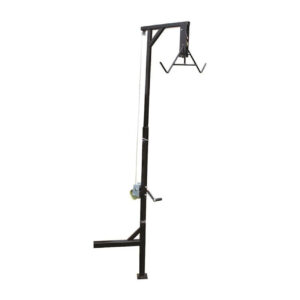 HME TRUCK HITCH GAME HOIST - COMPLETE KIT - Black steel game hoist with a pulley system, crank, and hanging hooks, isolated on a white background.