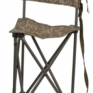 HUNTERS SPECIALTIESTRI-POD CAMOCHAIR - MOSSY OAK - Camouflage-pattern hunting chair with a backrest and seat, constructed with dark metal legs and frame. A shoulder strap is attached. The backrest features a hexagonal logo.