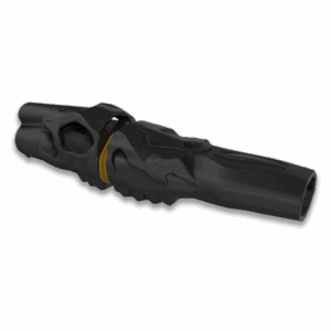 HUNTERS SPECIALTIES BUCK BARK DEER CALL - Black deer call with a textured surface, a skeletal-like design at the connection point with a yellow ring, and a cylindrical end.