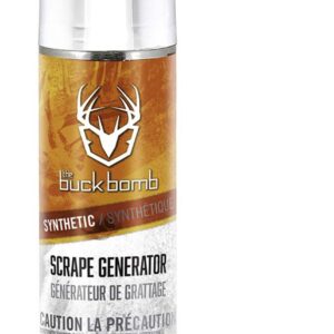 HUNTERS SPECIALTIES BUCK BOMB SCRAPE GENERATOR - A silver and orange spray can of "the buck bomb" synthetic Scrape Generator for hunting, featuring a buck head logo, with warning labels and net weight information.