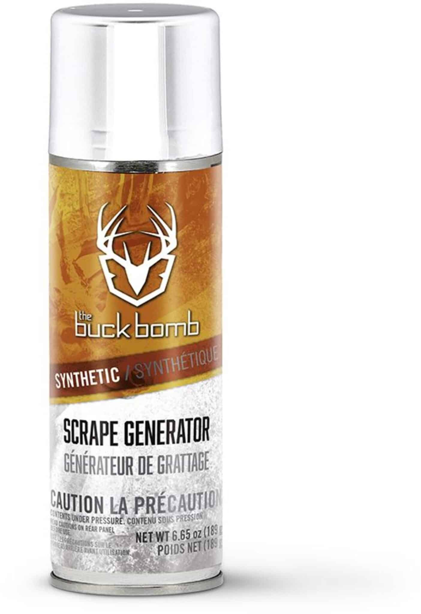 HUNTERS SPECIALTIES BUCK BOMB SCRAPE GENERATOR - A silver and orange spray can of "the buck bomb" synthetic Scrape Generator for hunting, featuring a buck head logo, with warning labels and net weight information.