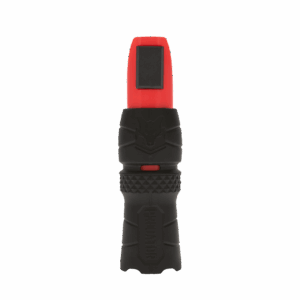 HUNTERS SPECIALTIES OPEN REED PREDATOR CALL - A close-up of a black and red open reed predator call, featuring a textured black handle, transitioning to a red top section with a black rectangle.
