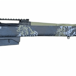 HORIZON FIREARMS VENATIC 24" 28 NOSLER - Rifle, right-facing, with a camouflage pattern stock in black, green, and blue-grey. The barrel is spiraled olive drab, and the top has a rail mount for optics. A black muzzle break is attached to the barrel end. The trigger and magazine are visible.