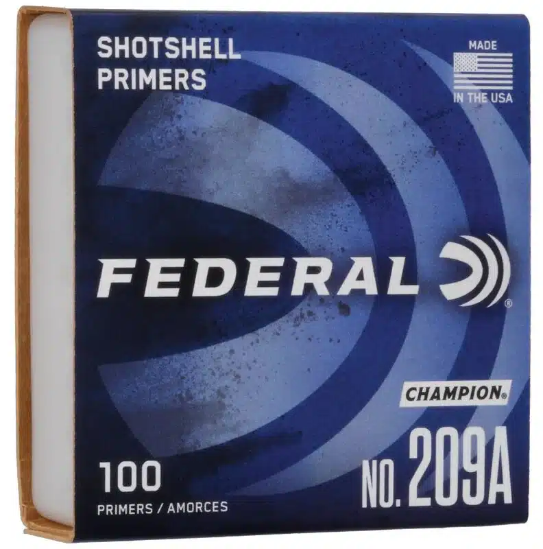 FEDERAL CHAMPION SHOTSHELL PRIMERS - Box of Federal Shotshell Primers, Champion No. 209A, containing 100 primers, made in the USA.