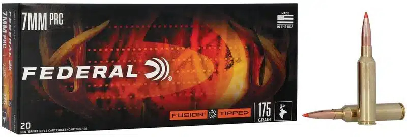 FEDERAL FUSION TIPPED RIFFLE 7MM PRC 175 GRAIN - A box of Federal 7mm PRC 175 grain Fusion Tipped rifle ammo with two cartridges displayed.