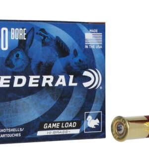 FEDERAL GAME LOAD UPLAND HI-BRASS 410 BORE 4 SHOT SIZE - Box of Federal .410 bore game load 25 hi-brass shotshells with two red shotgun shells displayed.