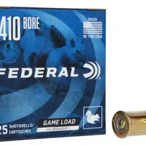 FEDERAL GAME LOAD UPLAND HI-BRASS 410 BORE 6 SHOT SIZE - Box of Federal .410 bore game load shotshells with two red and brass shotshells beside it.