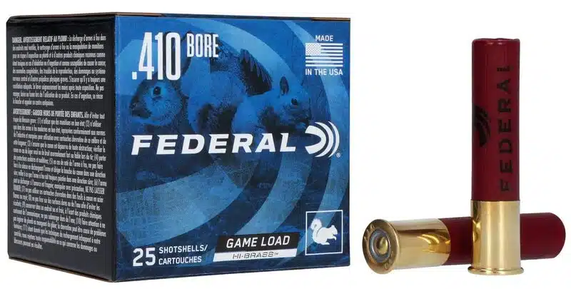 FEDERAL GAME LOAD UPLAND HI-BRASS 410 BORE 6 SHOT SIZE - Box of Federal .410 bore game load shotshells with two red and brass shotshells beside it.
