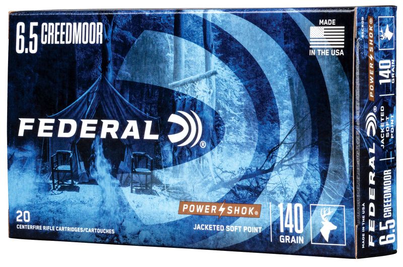 FEDERAL POWER-SHOK RIFLE 6.5 CREEDMORE 140 GRAIN - Box of Federal 6.5 Creedmoor 140 grain jacketed soft point rifle cartridges, 20 count, made in the USA.