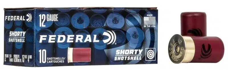FEDERAL SHORTY SHELLS 12 GAUGE 8 SHOT SIZE - Box of Federal 12 gauge Shorty shotshells with two red shotgun shells beside it.