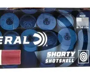 FEDERAL SHORTY SHELLS RIFLED SLUG 12 GAUGE 438 GRAIN - Box of Federal 12 gauge Shorty shotshells with two red shotgun shells beside it on a white background.