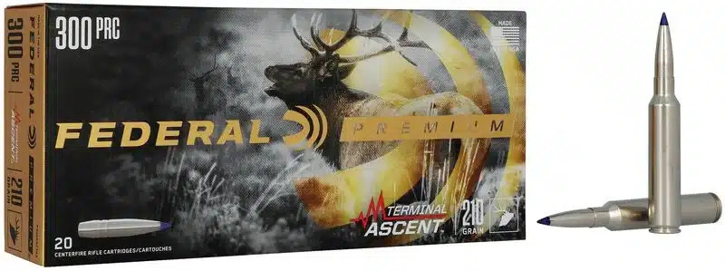 FEDERAL TERMINAL ASCENT 300 PRC 210 GRAIN - One box of Federal Premium 300 PRC 210-grain Terminal Ascent rifle cartridges with two silver bullets shown beside it.
