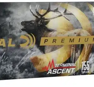 FEDERAL TERMINAL ASCENT 7MM PRC 155 GRAIN - One box of Federal Premium 7mm PRC Terminal Ascent 155-grain rifle cartridges with two bullets displayed.
