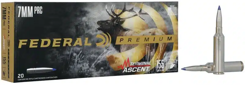 FEDERAL TERMINAL ASCENT 7MM PRC 155 GRAIN - One box of Federal Premium 7mm PRC Terminal Ascent 155-grain rifle cartridges with two bullets displayed.
