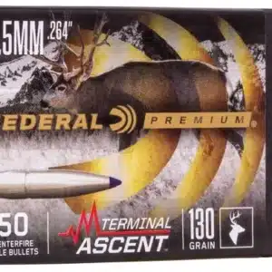 FEDERAL TERMINAL ASCENT COMPONENT BULLET .264 130GR - Box of Federal Premium 6.5mm .264 caliber Terminal Ascent 130 grain centerfire rifle bullets with two bullets displayed outside.