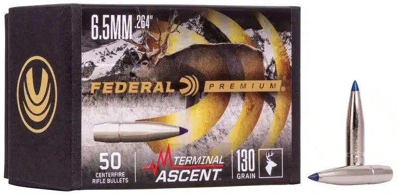 FEDERAL TERMINAL ASCENT COMPONENT BULLET .264 130GR - Box of Federal Premium 6.5mm .264 caliber Terminal Ascent 130 grain centerfire rifle bullets with two bullets displayed outside.