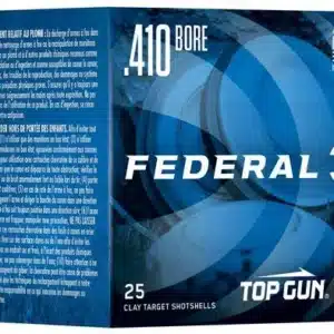 FEDERAL TOP GUN 410 BORE 7.5 SHOT SIZE - Box of Federal Top Gun .410 bore clay target shotshells, 25 rounds, blue packaging, assembled in the USA.