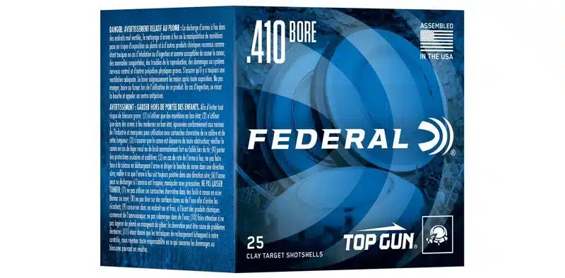 FEDERAL TOP GUN 410 BORE 7.5 SHOT SIZE - Box of Federal Top Gun .410 bore clay target shotshells, 25 rounds, blue packaging, assembled in the USA.