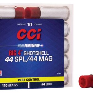 CCI BIG 4 PEST CONTROL 44 SPL/REM MAG 4 SHOT - Box of CCI Big 4 shotshell cartridges for .44 SPL/.44 MAG, labeled for pest control with 110 grains and #4 shot.