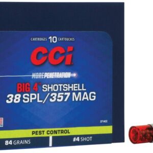 CCI BIG 4 SHOTSHELL 38 SPECIAL 84 GRAIN LEAD SHOT - Box of CCI Big 4" Shotshell .38 SPL/.357 MAG cartridges with two silver and red shotgun shells for pest control.