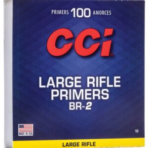 CCI LARGE BENCH REST RIFLE PRIMERS #BR2 - Box of 100 CCI large rifle primers BR-2, made in USA, with blue and yellow packaging.
