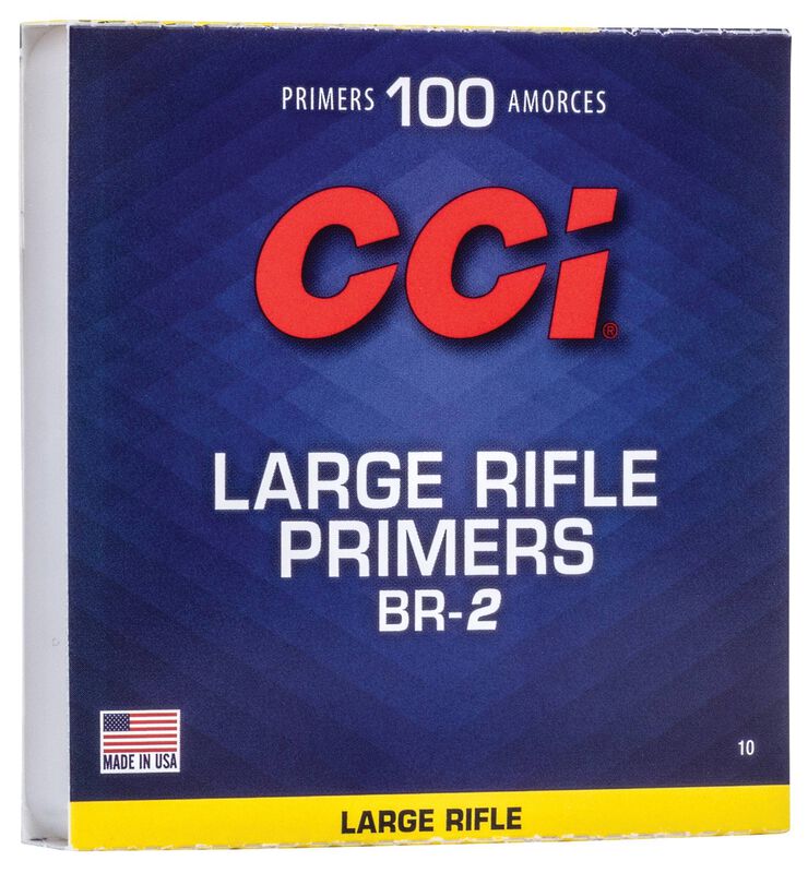 CCI LARGE BENCH REST RIFLE PRIMERS #BR2 - Box of 100 CCI large rifle primers BR-2, made in USA, with blue and yellow packaging.