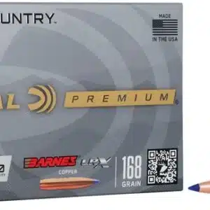 FEDERAL BARNES LRX 7MM BACKCOUNTRY 168 GRAIN - A box of Federal Premium 7mm Backcountry rifle cartridges with two copper-tipped bullets displayed beside it.