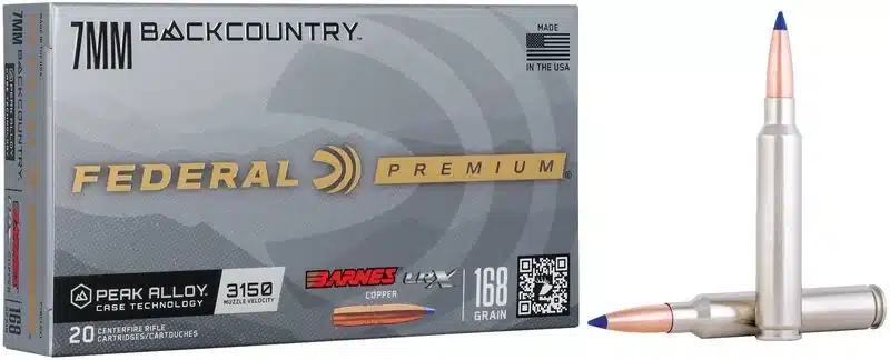 FEDERAL BARNES LRX 7MM BACKCOUNTRY 168 GRAIN - A box of Federal Premium 7mm Backcountry rifle cartridges with two copper-tipped bullets displayed beside it.