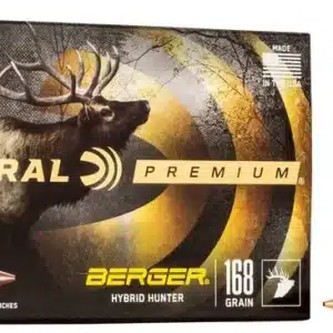 FEDERAL BERGER HYBRID HUNTER 308 WIN 168 GRAIN - A box of Federal Premium .308 Win Berger Hybrid Hunter 168 grain rifle cartridges with two bullets displayed beside it.