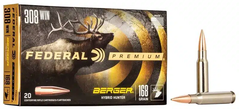 FEDERAL BERGER HYBRID HUNTER 308 WIN 168 GRAIN - A box of Federal Premium .308 Win Berger Hybrid Hunter 168 grain rifle cartridges with two bullets displayed beside it.