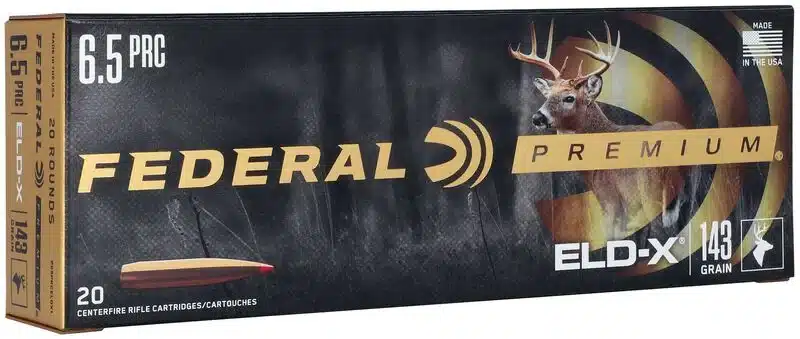 FEDERAL ELD-X 6.5 PRC 143 GRAIN - A box of Federal Premium 6.5 PRC ELD-X 143 grain centerfire rifle cartridges with deer image, 20 rounds.