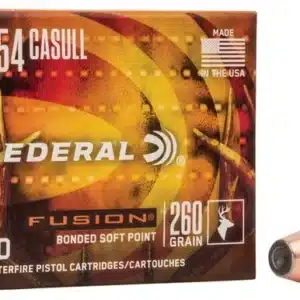 FEDERAL FUSION HANDGUN 454 CASULL 260 GRAIN - Box of Federal Fusion .454 Casull 260 grain bonded soft point pistol cartridges with two bullets displayed.