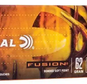 FEDERAL FUSION RIFLE 223 REM 62 GRAIN - A box of Federal Fusion .223 Rem 62 grain bonded soft point rifle cartridges with two rounds displayed beside it.