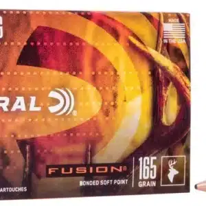 FEDERAL FUSION RIFLE 30-06 SPRINGFIELD 165 GRAIN - A box of Federal 30-06 SPRG Fusion 165 grain bonded soft point rifle cartridges with two bullets displayed.