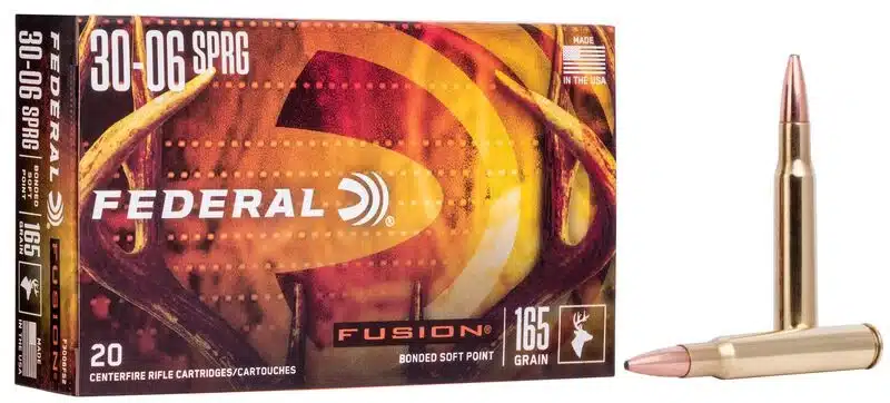 FEDERAL FUSION RIFLE 30-06 SPRINGFIELD 165 GRAIN - A box of Federal 30-06 SPRG Fusion 165 grain bonded soft point rifle cartridges with two bullets displayed.