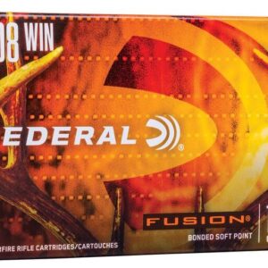 FEDERAL FUSION RIFLE 308 WIN 165 GRAIN - A box of Federal Fusion .308 Winchester 165 grain bonded soft point centerfire rifle cartridges, 20 rounds, made in USA.