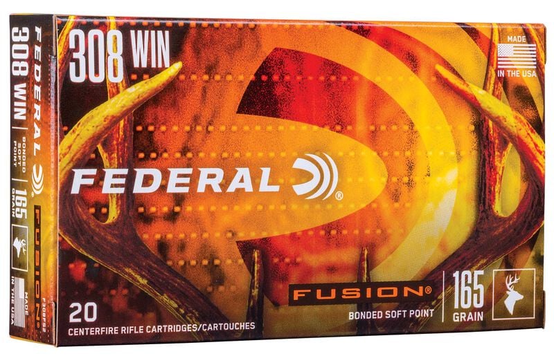 FEDERAL FUSION RIFLE 308 WIN 165 GRAIN - A box of Federal Fusion .308 Winchester 165 grain bonded soft point centerfire rifle cartridges, 20 rounds, made in USA.