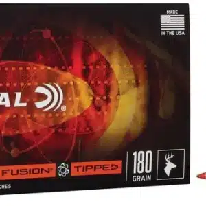 FEDERAL FUSION TIPPED RIFLE 30-06 SPRINGFIELD 180 GRAIN - Box of Federal Fusion Tipped 30-06 SPRG rifle cartridges with two bullets displayed beside it.