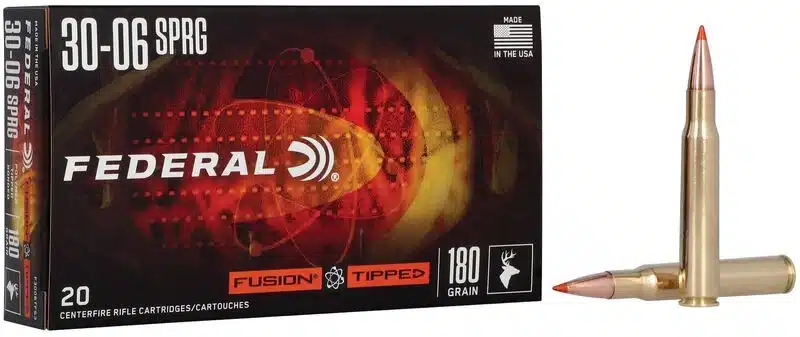 FEDERAL FUSION TIPPED RIFLE 30-06 SPRINGFIELD 180 GRAIN - Box of Federal Fusion Tipped 30-06 SPRG rifle cartridges with two bullets displayed beside it.