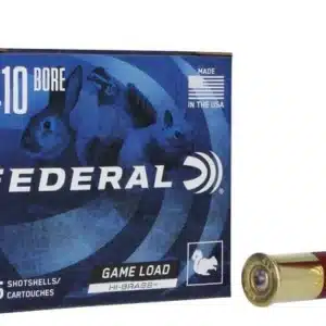 FEDERAL GAME LOAD UPLAND HI-BRASS 410 BORE 5 SHOT SIZE - Box of Federal .410 bore shotshells with two red shotgun shells, labeled "Game Load Hi-Brass," made in the USA, featuring squirrel graphic.
