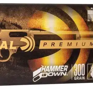 FEDERAL HAMMERDOWN RIFLE 45-70 GOVT. 300 GRAIN - A box of Federal Premium 45-70 Govt 300 grain Hammer Down centerfire rifle cartridges with two bullets displayed beside it.