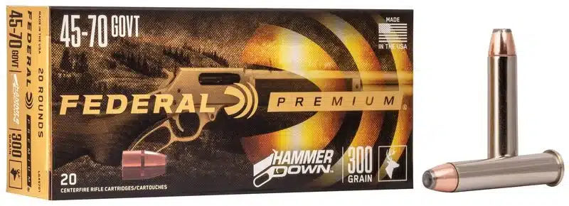 FEDERAL HAMMERDOWN RIFLE 45-70 GOVT. 300 GRAIN - A box of Federal Premium 45-70 Govt 300 grain Hammer Down centerfire rifle cartridges with two bullets displayed beside it.