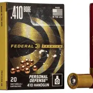 FEDERAL PERSONAL DEFENSE 410 HANGUN 410 BORE 4 BUCK SHOT - Box of Federal Premium .410 bore Personal Defense shotgun shells with two red shotgun shells displayed.