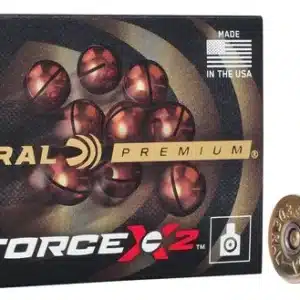 FEDERAL PERSONAL DEFENSE SHOTSHELL FORCE X2 12 GAUGE 00 BUCK SHOT - Box of Federal Premium 12 gauge ForceX2 personal defense shotshells with two red 12 gauge shotgun shells beside it.
